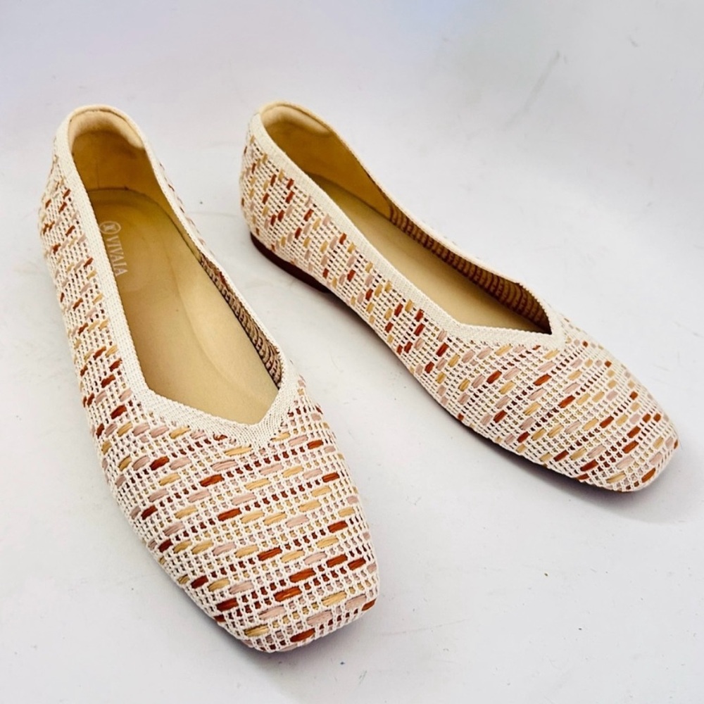 VIVAIA Margo 2 Square-Toe V-Cut Flats Natural Crochet Women Size 41.5 us 10 NWOB